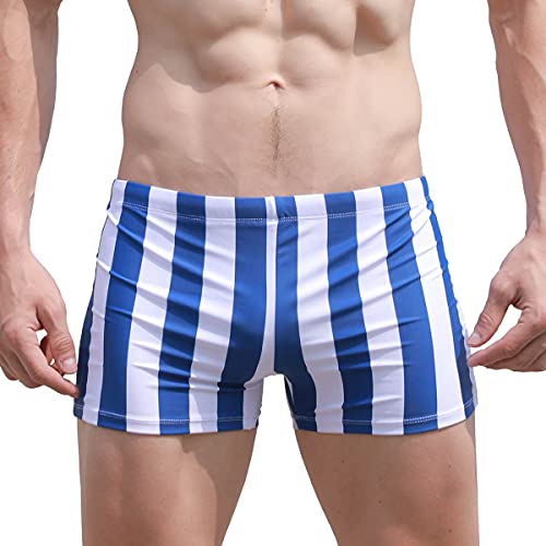 Easejuicy Mens Swim Trunks Striped Swimwear Square Leg Swimming Boxer Birefs Swimsuit Drawstring Low Rise With Liner (2112Bluewhite,L) #TOP13