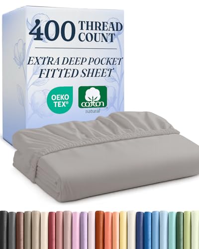 extra deep queen 400 thread count cotton fitted sheet - hotel luxury single fitted sheet only - easily fits 18" to 24" mattress - soft, wrinkle free & breathable & comfy extra deep pockets light grey