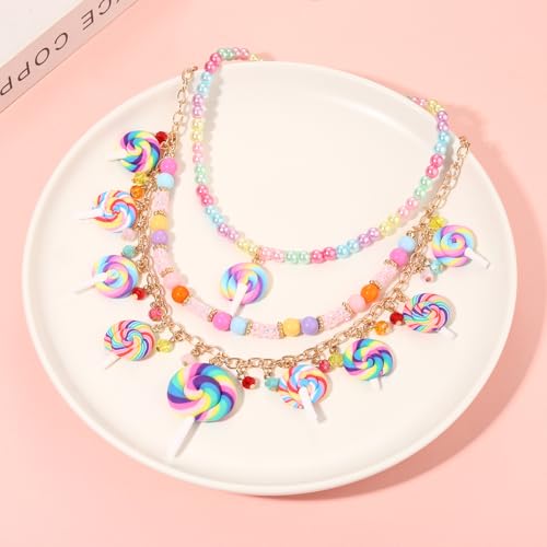 Lollipop Candy Layered Necklaces for Women Novelty Colorful Crystal Beads Sweet Candy Lollipop Cake Pendant Choker Necklace Cute Funny Birthday Halloween Holiday Party Jewelry Gift3