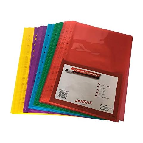 Pack of 50 A4 Assorted Colour Clear Punched Pockets by Janrax Cover