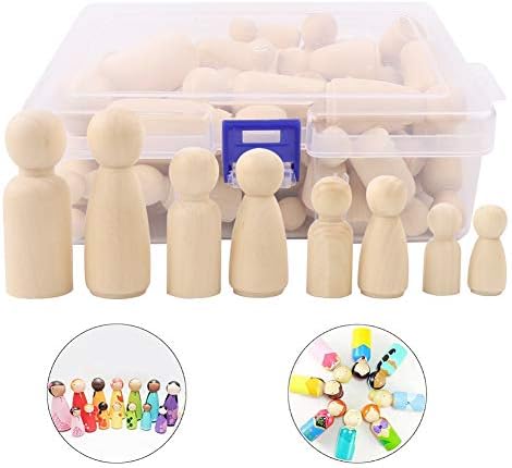Wooden Peg Dolls Unfinished People,50 Pieces Wooden Decorative DIY Doll People Shapes Nature Wooden for Kids Painting, Craft Art Projects, Peg Game, Decoration Toy,Storage Case in Assorted Sizes