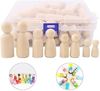 Wooden Peg Dolls Unfinished People,50 Pieces Wooden Decorative DIY Doll People Shapes Nature Wooden for Kids Painting, Craft Art Projects, Peg Game, Decoration Toy,Storage Case in Assorted Sizes