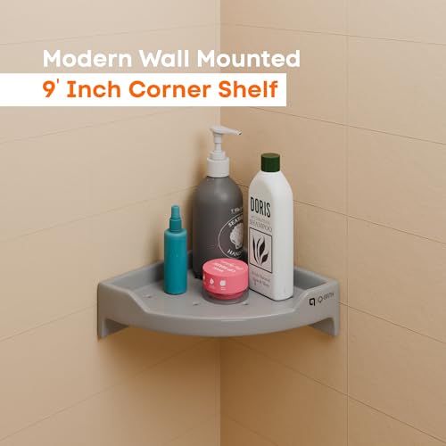 Image of Qbath 9 Inch Ceramic Corner Bathroom Shelf - Grey |Wall-Mounted Black Ceramic Rack with Drainage Holes|Space-Saving Corner Shelf for Shampoo, Soap & Toiletries|Water-Resistant & Easy to Clean