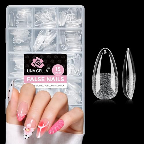 UNA GELLA Almond Nail Tips Medium 15 Sizes 300PCS Pre-Etched Gel Acrylic Nail Tips Almond Shape Easy Salon Press On Nails Long-Lasting Hold Full Cover Fake False Nails Snug Fit