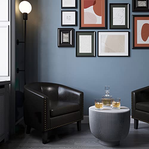 Image of BELLEZE Accent Barrel Chair, Set of 2 Modern Faux Leather Tub Club Chair Upholstered Armchair with Gold Nail Head Trim and Black Legs for Living Room Bedroom Apartment Lounge - Dark Brown