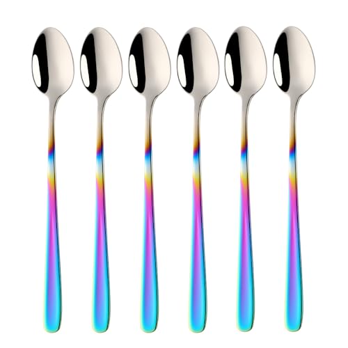 SBOMHS Lot de 6 cuillères à café Latte Macchiato en acier inoxydable 18/10 - Long manche - Pour café, cappuccino, dessert - 20 cm - Pour yaourt, Nutella, café au lait (dégradé de couleurs arc-en-ciel)