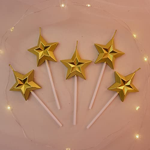 Saododku Birthday Candles, Star Shaped Gold Birthday Candles for Cake, 5pcs Metallic Color Stereo Shaping Cake Candles Set, Sparkler Candles for Birthday Cake