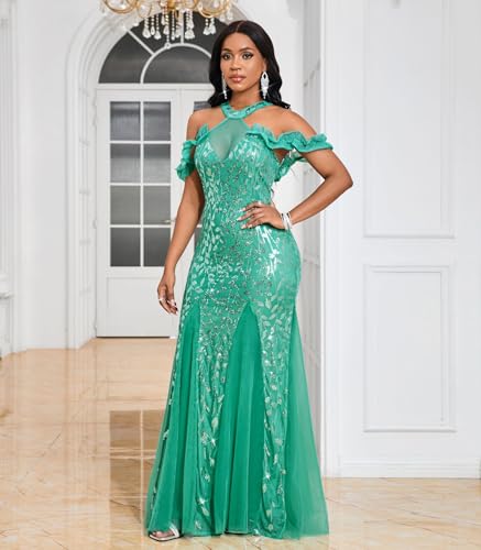 Image of Cololura Women Sexy Sequin Halter Neck Short Sleeve Mesh Perspective Party Bodycon Evening Cocktail Maxi Dress
