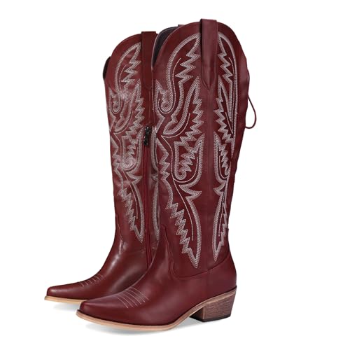 Image of Lace Up Cowboy Boots for Women Embroidered Wide Calf Cowgirl Boots Comfortable Chunky Heel Pointed Toe Trendy Western Shoes for Prom Music Festival