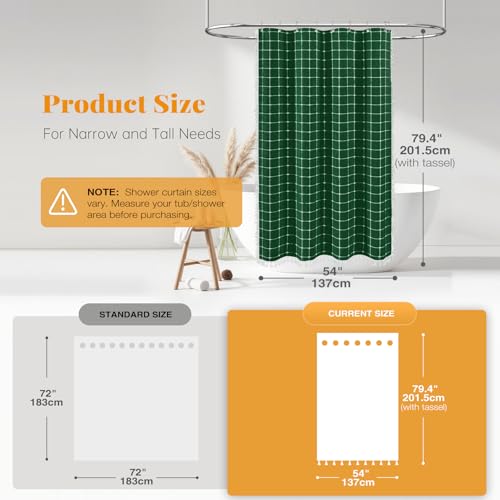 Image of BTTN Stall Fabric Shower Curtain - 54x78 Inch Boho Linen Heavy Duty Tassel Shower Curtain Set with 10 Hooks, Narrow Modern Farmhouse Neutral Cloth Thick Shower Curtains for Bathroom - Emerald Green