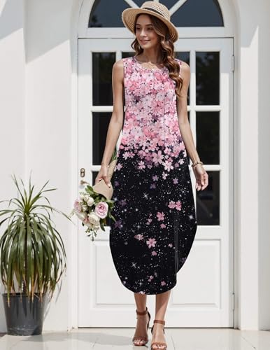 Image of Zeagoo Women Floral Summer Casual Beach Printed Tank Dress with Pockets Pleated Front Long Dress