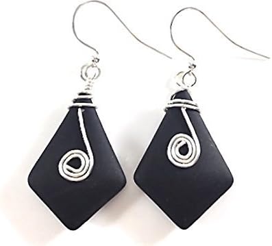 SALE! Handmade Sea Glass Jewelry, wire wrapped black sea glass earrings, Great gift,beach glass earrings, sea glass jewelry, beach glass jewelry, diamond pendant