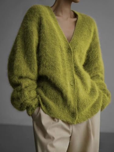 Image of Womens Fuzzy Sweaters Cardigan V-Neck Button Down Oversized Mohair Sweater Casual Y2k 2026 Fall Winter