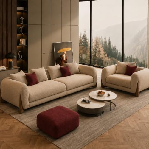 Image of Modern Boucle Sofa for Living Room Bedroom Reception and Office Wooden Polished Leg Sofa for Living Room (Taupe and Maroon, 3+1+Ottoman)