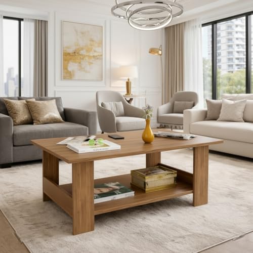 Image of Spyder Craft Modern Coffee Table with Open Storage Shelf - Minimalist Rectangular Center Table for Living Room, Office, and Lounge - Durable Engineered Wood, Easy Assembly (Wood Brown) (Assembly -DIY)