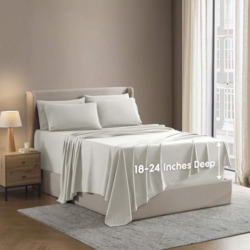 Image of Nestl Extra Deep Twin XL Sheet Set - 4 Piece Breathable & Cooling Sheets - Hotel Luxury Bedding Set w /18-24 Inch Deep Pockets - Easy & Secure Fit - Super Soft, Wrinkle Free & Comfy - Off White