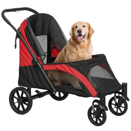 PawHut Passeggino per Cani Taglia Grande Pieghevole con Ruote Rimovibili, Cuscino e Guinzagli di Sicurezza, Passeggino per Animali in Tessuto Oxford e Acciaio con Borsa Portaoggetti, Nero