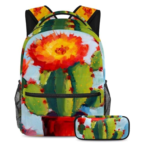 Sac à dos avec trousse fleurs de cactus pour le collège et le lycée