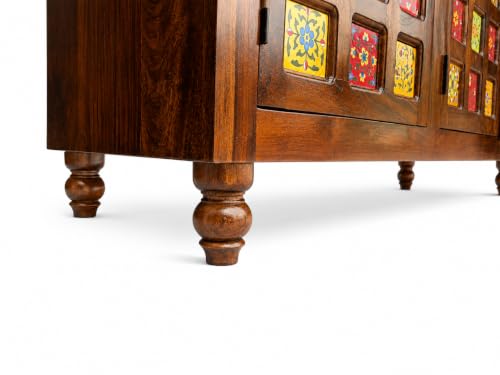 Image of Sheesham Wood TV Unit Cabinet with Handcrafted Ceramic Tile Doors | Natural Finish | 3 Door TV Console Entertainment Center | Storage Cabinet for Living Room (57 x 18 x 23 Inches)