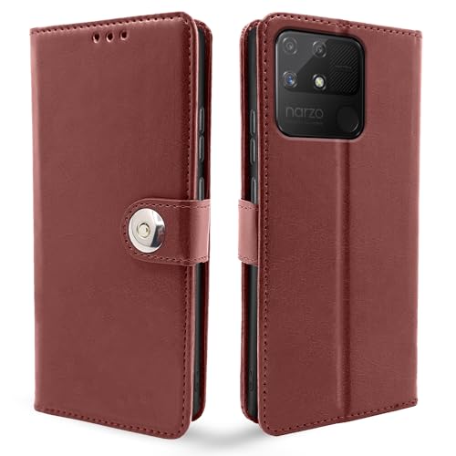 Image of Pikkme Realme Narzo 50A Flip Cover Leather Finish | Inside TPU with Card Pockets | Wallet Stand and Shock Proof | Complete Protection Button Flip Case (Brown)
