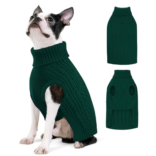Image of AOFITEE Christmas Dog Sweaters for Large Dogs, Stretchy Turtleneck Dogs Sweater, Warm Dog Knitwear for Fall Winter, Green Pet Sweater with Harness Hole for Boston Terrier, French Bulldog, L