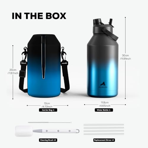 Image of POWCAN 64 oz Insulated Water Bottle with Carrier Bag and 2-in-1 Lid: Leakproof, Top Handle, Keep Cold 48H, Straw & Spout Lid, BPA-Free, Stainless Steel Water Bottle for Work, Outdoors (Mariner)