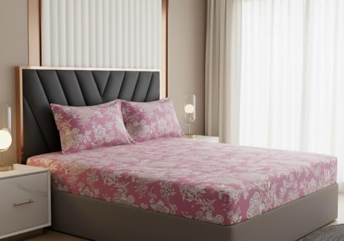 Image of 400TC Cotton Feel Glace Cotton Elastic Fitted Bedsheet Queen Size || Includes 1 Double Bed Elastic Bedsheet Queen Size with 2 Pillow Covers (60 inch x 78 inch Inches, Orchid Pink)