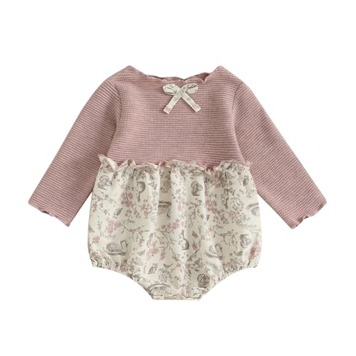 Baby Girl Fall Clothes Newborn Knit Patchwork Bow Bubble Romper Floral Animal Print Onesie Bodysuit Winter Outfits
