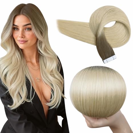 Full Shine Tape In Hair Extensions Human Hair, Brown Ice Blonde 16 Inch