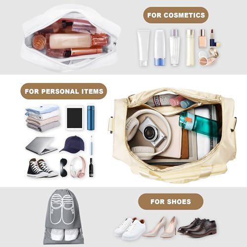 Large Weekender Overnight Bag with Shoes Compartment, Personal Tote for Women or Men, Waterproof Carry-on Set (Beige)3