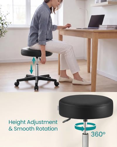 Image of SONGMICS Rolling Stool, Adjustable Swivel Stools Chair, PU Leather, Black