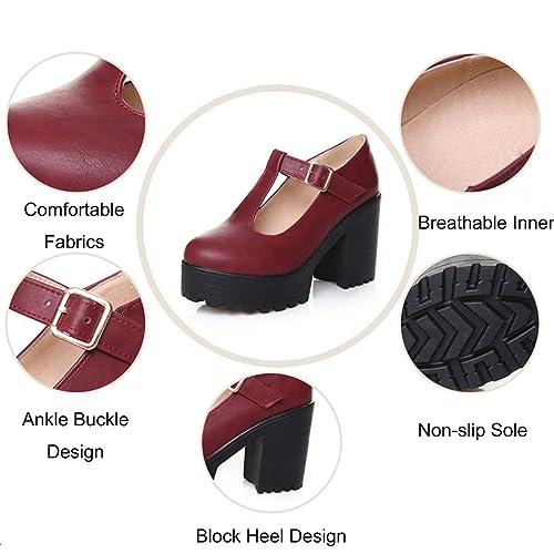 Aceptolcom Women's Leather T Strap Mary Jane Wedges Platform Loafers Comfortable Casual Buckle Strap Chunky Heel Office Shoes Dress Shoes4