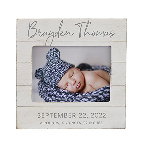 Personalization Universe Personalized Simple and Sweet Baby Shiplap Frame 5x7 Horizontal Picture Frame - Rustic Whitewashed Wood Photo Frame for Newborn, Boy or Girl, Newborn & Family Pictures, Tabletop Display with Easel Back Design