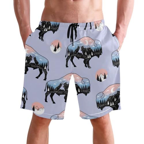 Men's Swim Trunks Quick Dry Swimming Shorts with Pocket Buffalo Silhouettes with Landscape Scenes Swimsuit Trunks