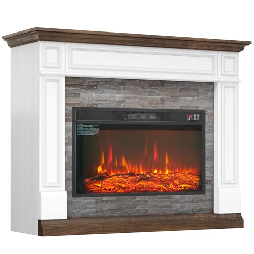 LGHM 47" Electric Fireplace with Mantel, Fireplace TV Stand with Realistic 3D Dancing Flame Effect and Stacked Stone Surround, Fireplace Heater Insert for Living Room