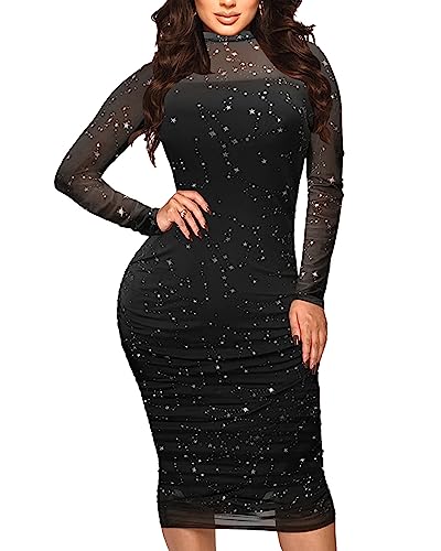 Image of MOEENCN Women's Sexy Short Sleeve Sheer Mesh Midi Bodycon Dress 2 Piece Set