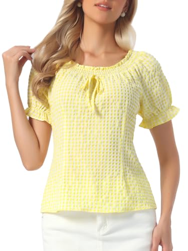 Image of Allegra K Gingham Top for Women's Peasant Ruffles Puff Sleeve Plaid Blouse