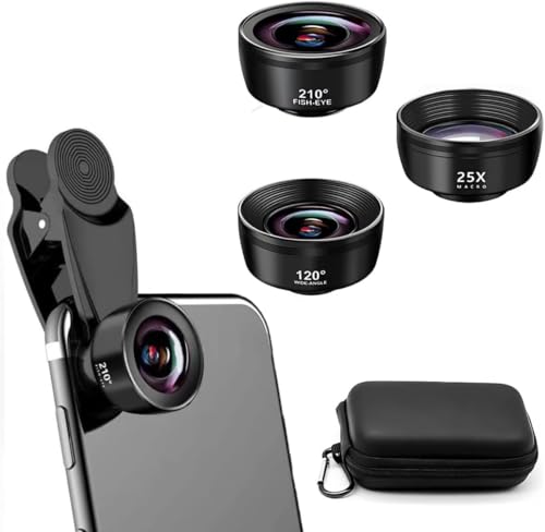 Auricase 3-in-1 Handy Kamera objektiv, Handy objektiv Set, 210° Fischaugenobjektiv, 120° Weitwinkel, 25X Makroobjektiv, Handy objektiv für die meisten...