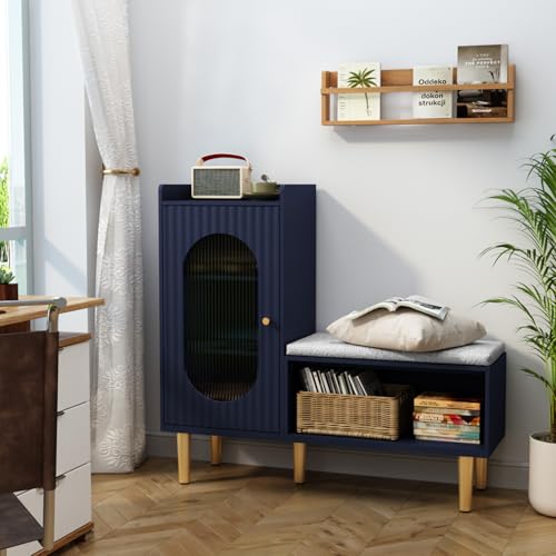 Image of HLR Storage Bench Set of 2, Blue Modern Entryway Shoe Cabinet Bench with Glass Door&Shelf, L-Shaped Storage Cabinet with Padded Seat for Hallway, Bedroom, Living Room, Office