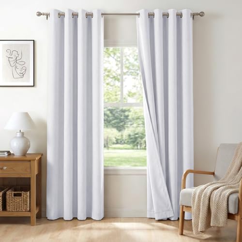 Image of 100% Blackout Shield Linen Textured Total Blackout Curtains for Bedroom 84 Inches Long, Bright White Grommet Curtains for Living Room, Thermal Insulated Room Darkening Drapes, 50 inch W x 84 inch L, 2 Panels