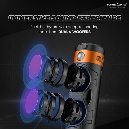 Image of Krisons Cylender 111 50W Portable Speaker with 4 inch Double Woofers,Free Wired Mic for Karaoke, in Built Torch, Remote Control with Bluetooth, FM, USB, Micro SD Card Connectivity (Orange)