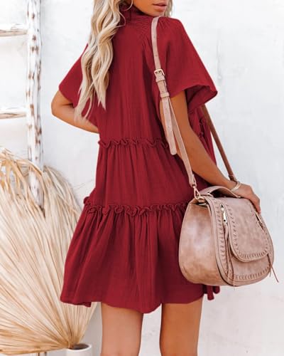 Image of Dellytop Womens Drawstring V Neck Dress Ruffle Tiered Short Sleeve Babydoll Tunic Swing Sundresses