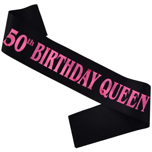 MUMUNN 50th Birthday Queen Sash, Pink Foil Black Satin Birthday Sash for Women 50th Fabulous Birthday Party Gift Decorations Favors