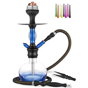Hookah 18” Hookah Set With Everything – Colored Glass Vase, Hookah Charcoal Holder, Tips, Hookah Bowl, Tong, Hose（Blue）