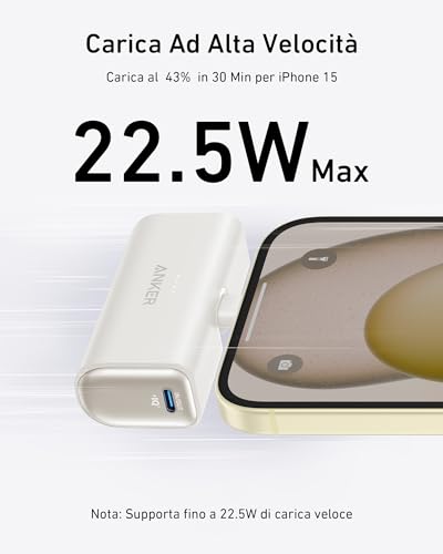 Anker Nano Power Bank 5000 mAh 22,5 W, Ricarica Rapida Connettore USB C Pieghevole Integrato, Compatibile con iPhone 17 Pro Max/Serie 16-12, Samsung S25 Ultra, Huawei, iPad e Molto Altro(Bianco) - Immagine 1