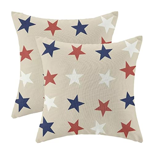 Gohdiwh 4th of July Throw Pillow Cover 18x18 Inch Set of 2 Blue Red White Stars Patriotic Decorative Outdoor Cushion Cover Independence Memorial Day Pillow Cases Linen Farmhouse for Sofa Couch Bed