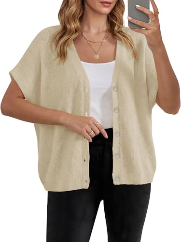 KISSMODA Womens Summer Oversized Cardigans Batwing Short Sleeve Lightweight Button Up V Neck Casual Knit Sweater Tops Apricot Large