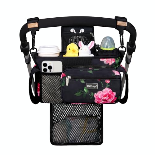 Image of TOPDesign Universal Baby Stroller Organizer, Stroller Caddy with Detachable Mesh Bag & Heightened Insulated Cup Holders & Non-Slip Secure Hooks Accessories, Fits Most Strollers (Peony)