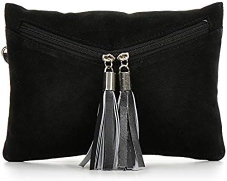 CNTMP, Women's Handbags, Clutches, Clutch, Party-Bags, Trend-Bags, Suede, Fringes, Leather Bag, 23x16,5x1cm (W x H x D) (Black)