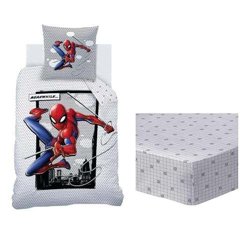 Spiderman Home Hero Ensemble Parure de Lit et Drap Housse Enfant | 100% Coton | Oeko-TEX | Housse de couette 140x200cm + 1 Taie d'oreiller 63x63cm + 1 Drap...